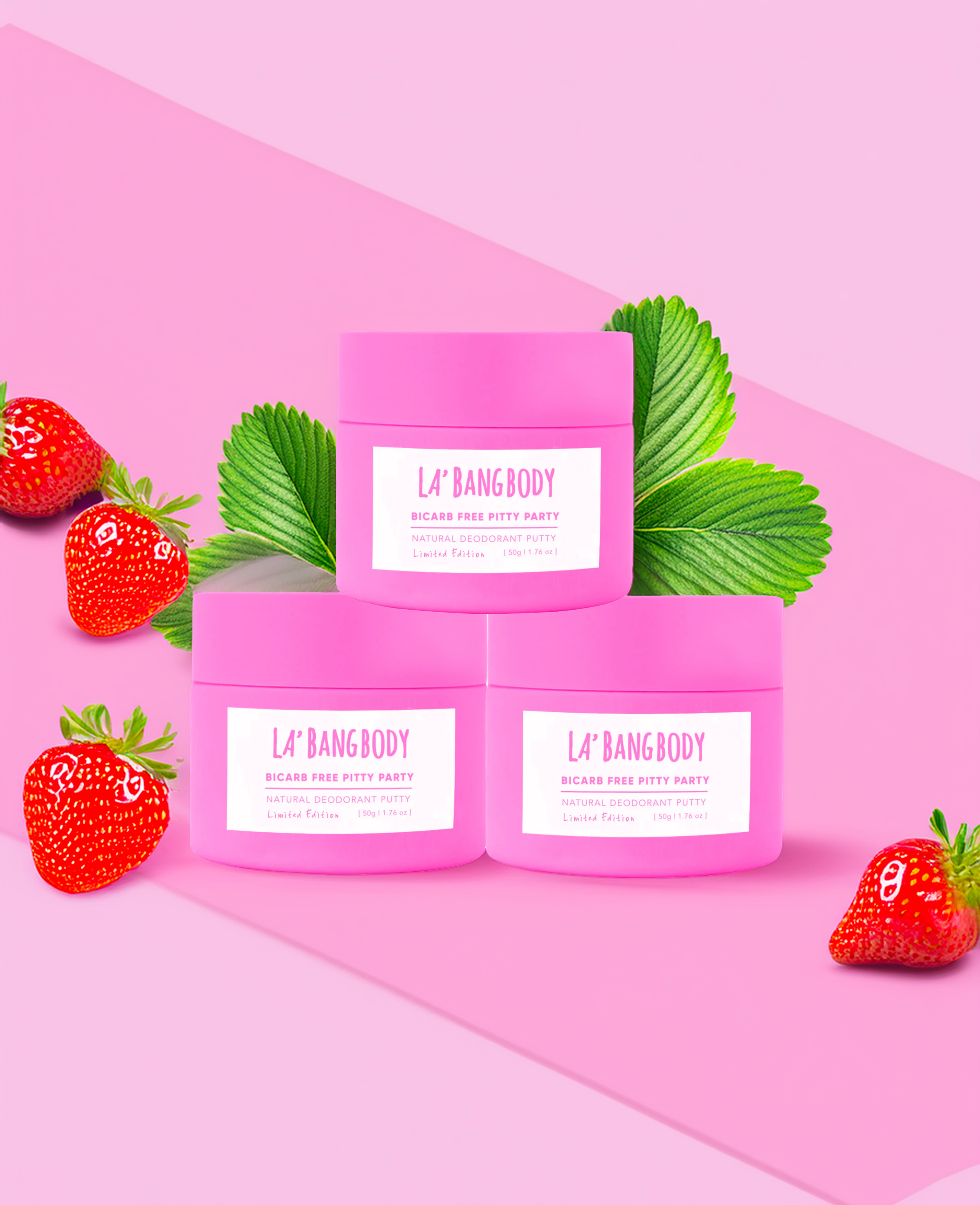 Limited edition Bi-Carb Free -Strawberry cupcake - Pitty Party Natural Deodorant-  Triple Bundle